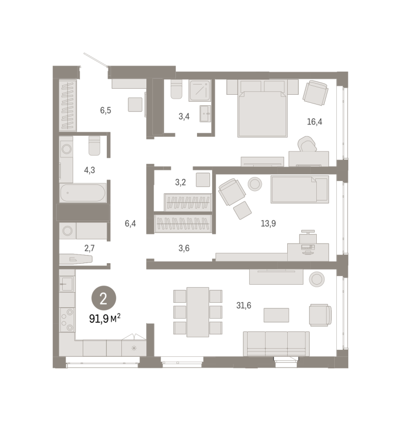 Планировка 2-комн. квартира, 91.9 м² — ЖК «Республики 205»