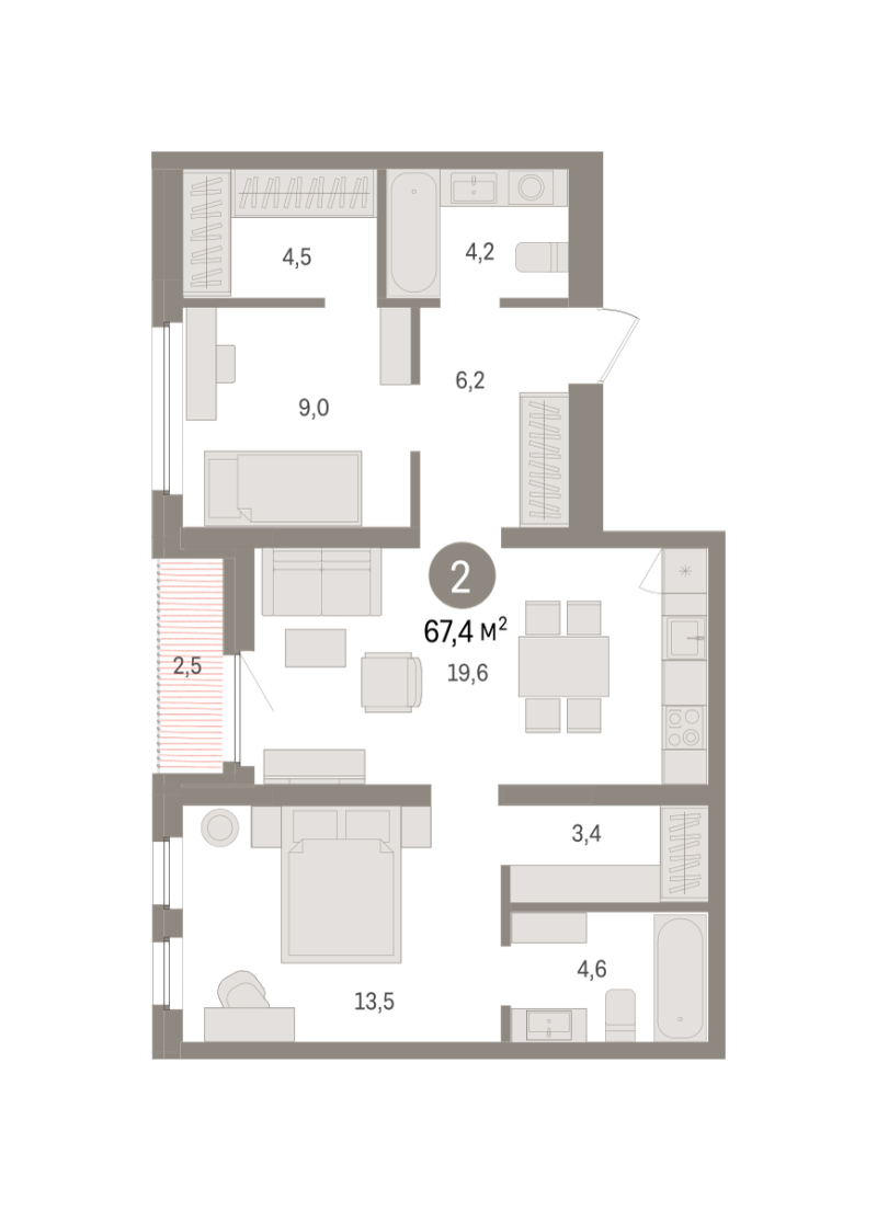 Планировка 2-комн. квартира, 67.4 м² — ЖК «Зарека»