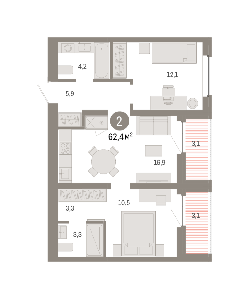 Планировка 2-комн. квартира, 62.4 м² — ЖК «Зарека»