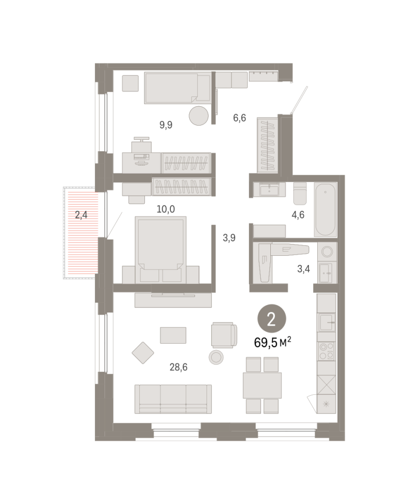 Планировка 2-комн. квартира, 69.5 м² — ЖК «Зарека»