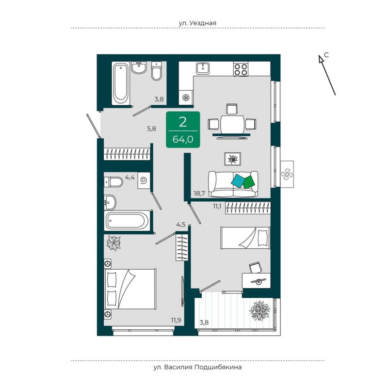 Планировка 2-комн. квартира, 64 м² — ЖК «Уездные кварталы»