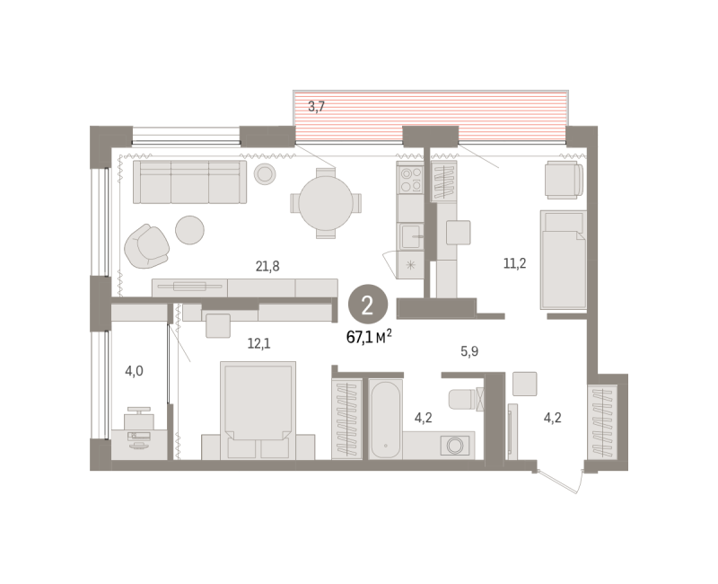 Планировка 2-комн. квартира, 67.1 м² — ЖК «Октябрьский на Туре»