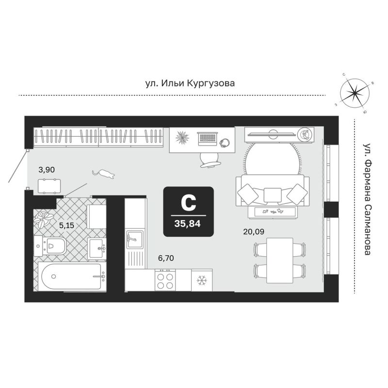 Планировка Студия, 35.8 м² — ЖК «Мидгард в Комарово парк»
