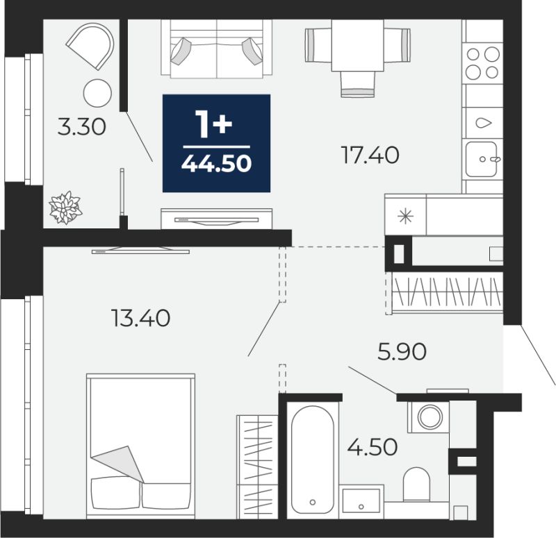 Планировка 1-комн. квартира, 44.5 м² — ЖК «Айвазовский»