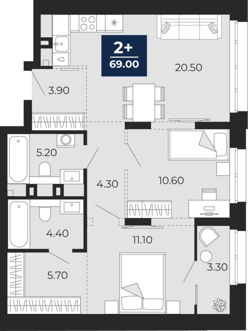 Планировка 2-комн. квартира, 69 м² — ЖК «Айвазовский»