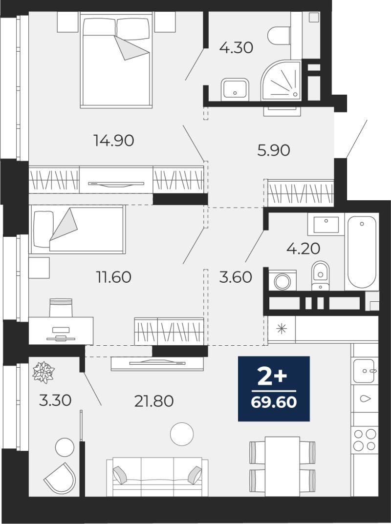 Планировка 2-комн. квартира, 69.6 м² — ЖК «Айвазовский»