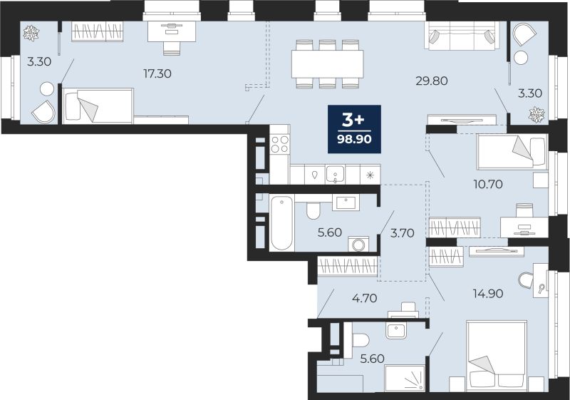 Планировка 3-комн. квартира, 98.9 м² — ЖК «Айвазовский»