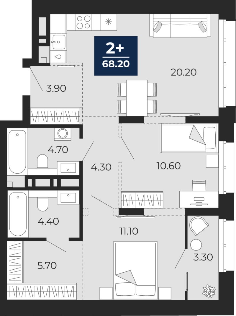 Планировка 2-комн. квартира, 68.2 м² — ЖК «Айвазовский»