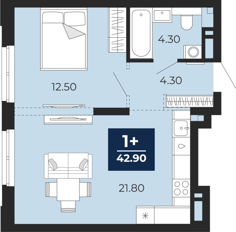 Планировка 1-комн. квартира, 42.9 м² — ЖК «Айвазовский»