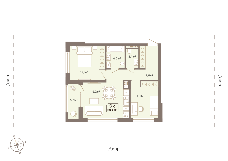 Планировка 2-комн. квартира, 58.4 м² — ЖК «Август»