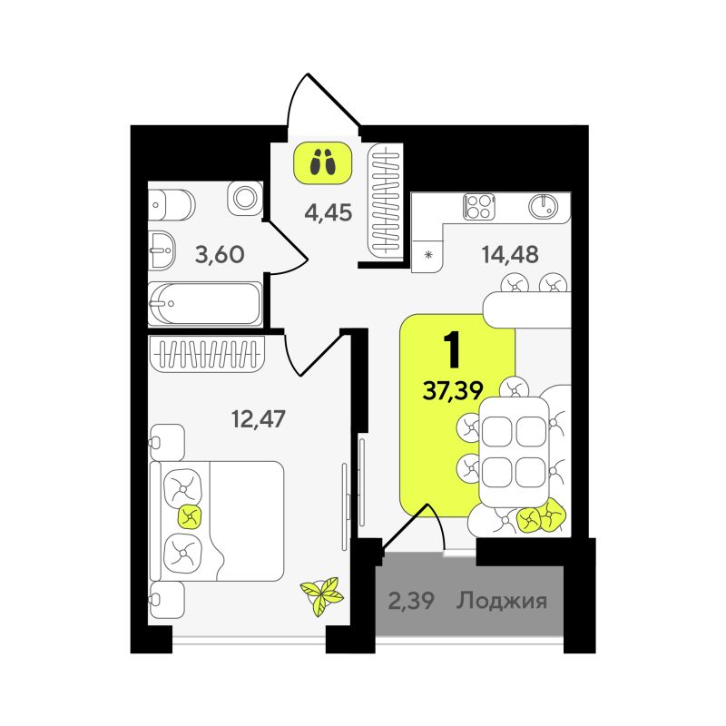 Планировка 1-комн. квартира, 37.4 м² — ЖК «Окинава»