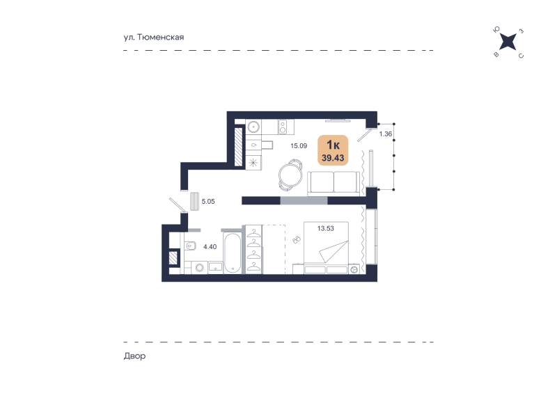 Планировка 1-комн. квартира, 39.4 м² — ЖК «Хито»