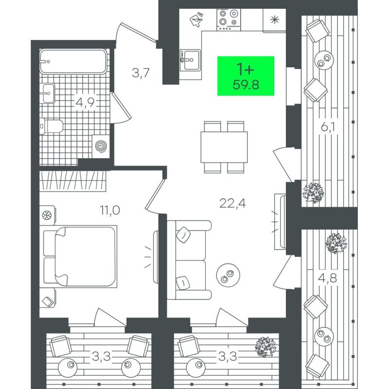 Планировка 1-комн. квартира, 59.8 м² — ЖК «Гранд Квартал»