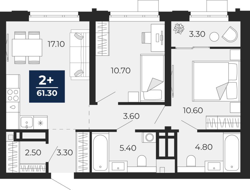 Планировка 2-комн. квартира, 61.3 м² — ЖК «Айвазовский»