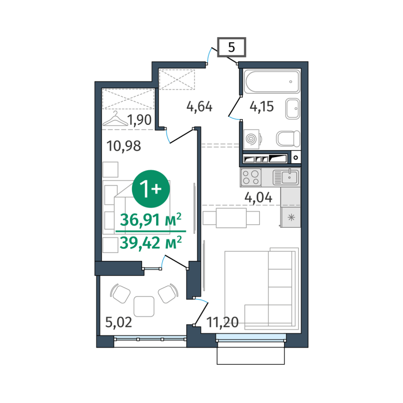 Планировка 1-комн. квартира, 36.9 м² — ЖК «Этика»