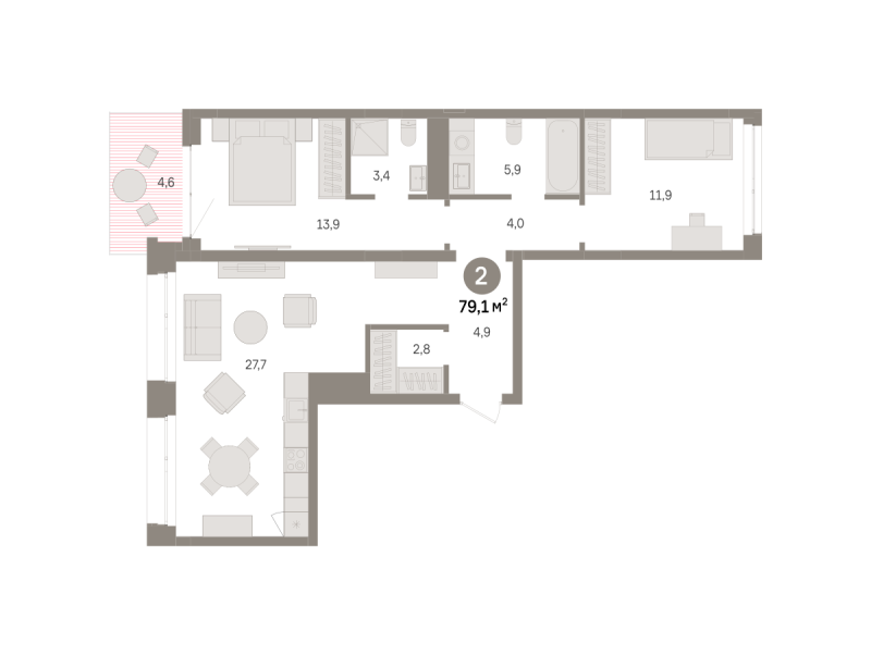 Планировка 2-комн. квартира, 79.1 м² — ЖК «Дом у озера»