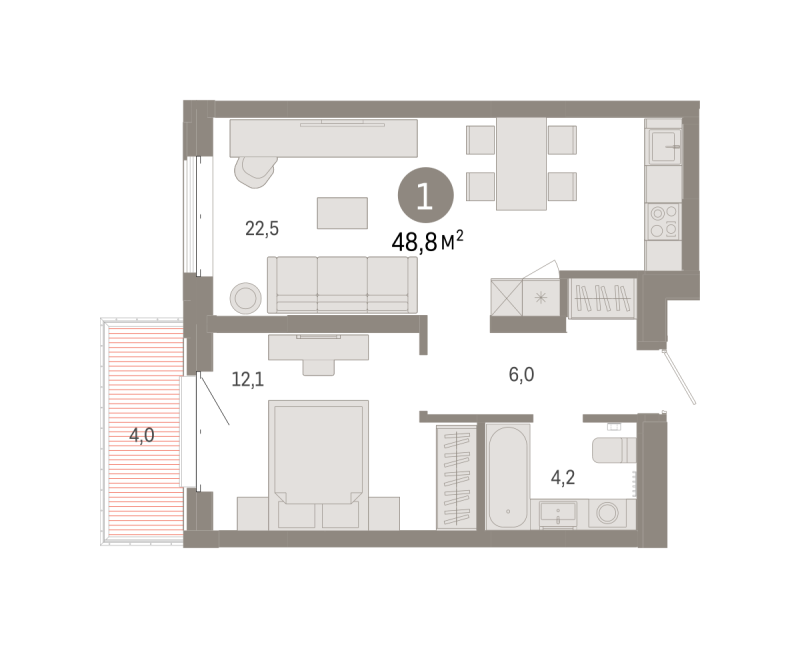 Планировка 1-комн. квартира, 48.8 м² — ЖК «Кварталы «На Минской»»