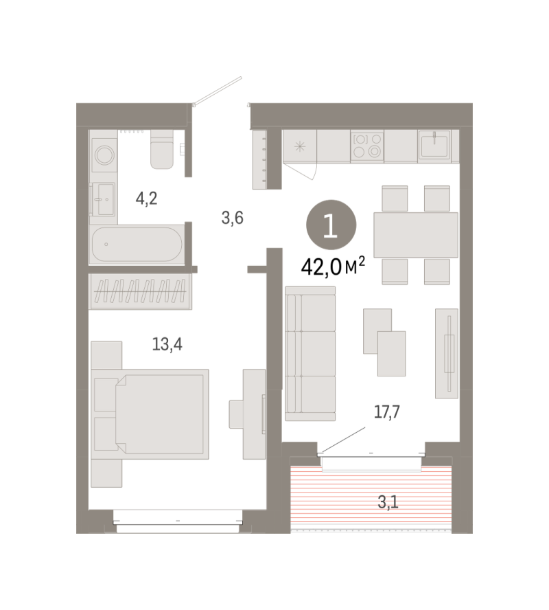 Планировка 1-комн. квартира, 42 м² — ЖК «Кварталы «На Минской»»