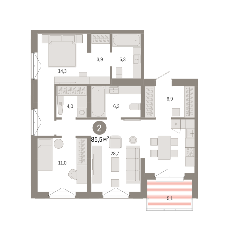 Планировка 2-комн. квартира, 85.5 м² — ЖК «Кварталы «На Минской»»