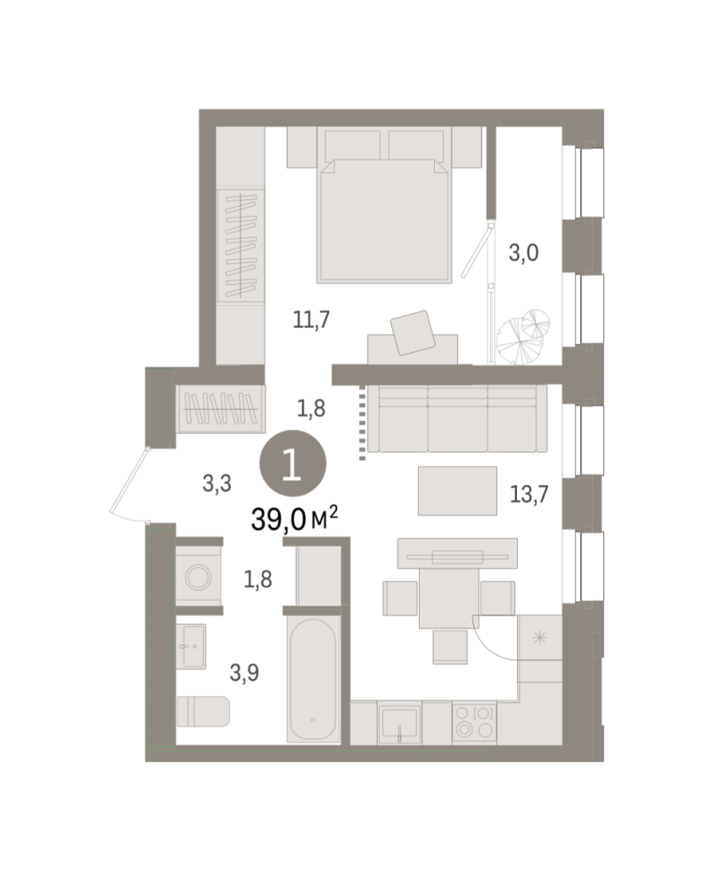 Планировка 1-комн. квартира, 38.4 м² — ЖК «Зарека»