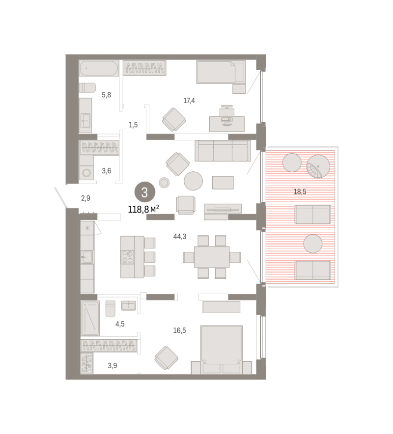 Планировка 2-комн. квартира, 118.8 м² — ЖК «Зарека»