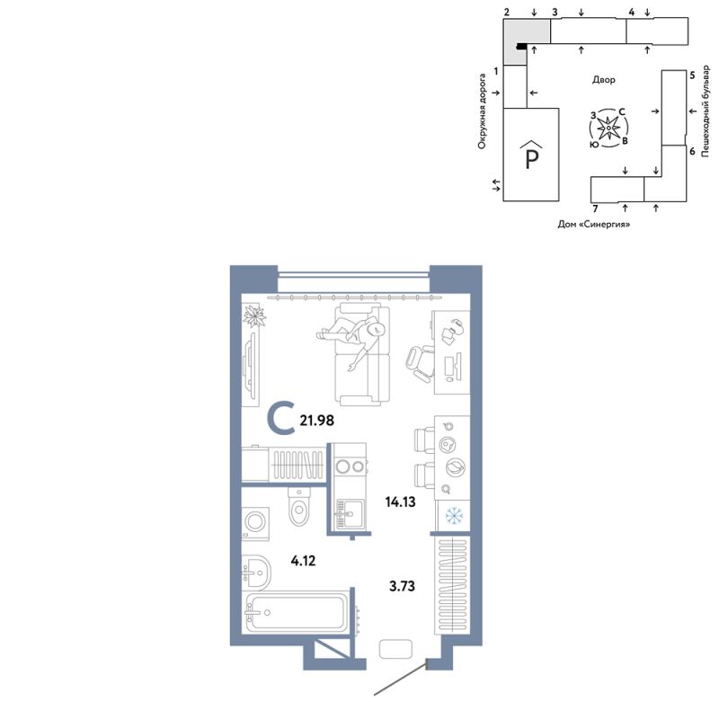 Планировка Студия, 22 м² — ЖК «Юнион»