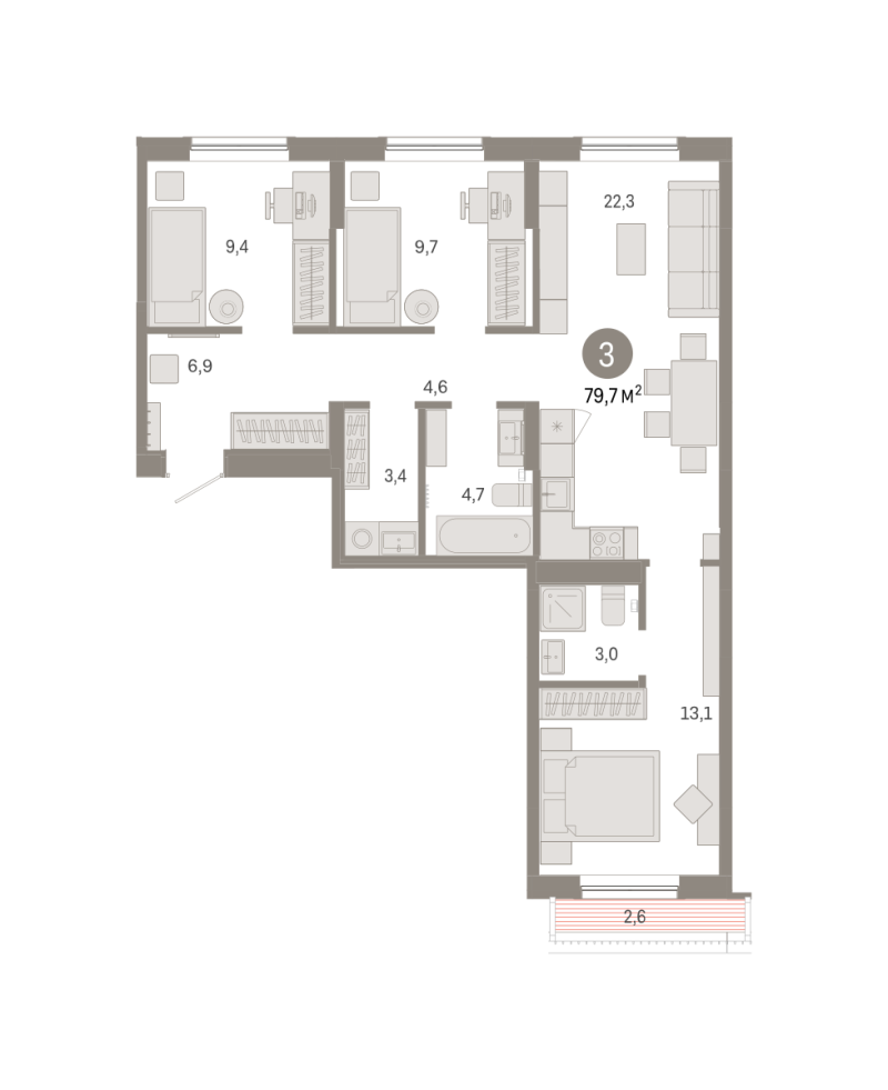 Планировка 3-комн. квартира, 79.7 м² — ЖК «Октябрьский на Туре»