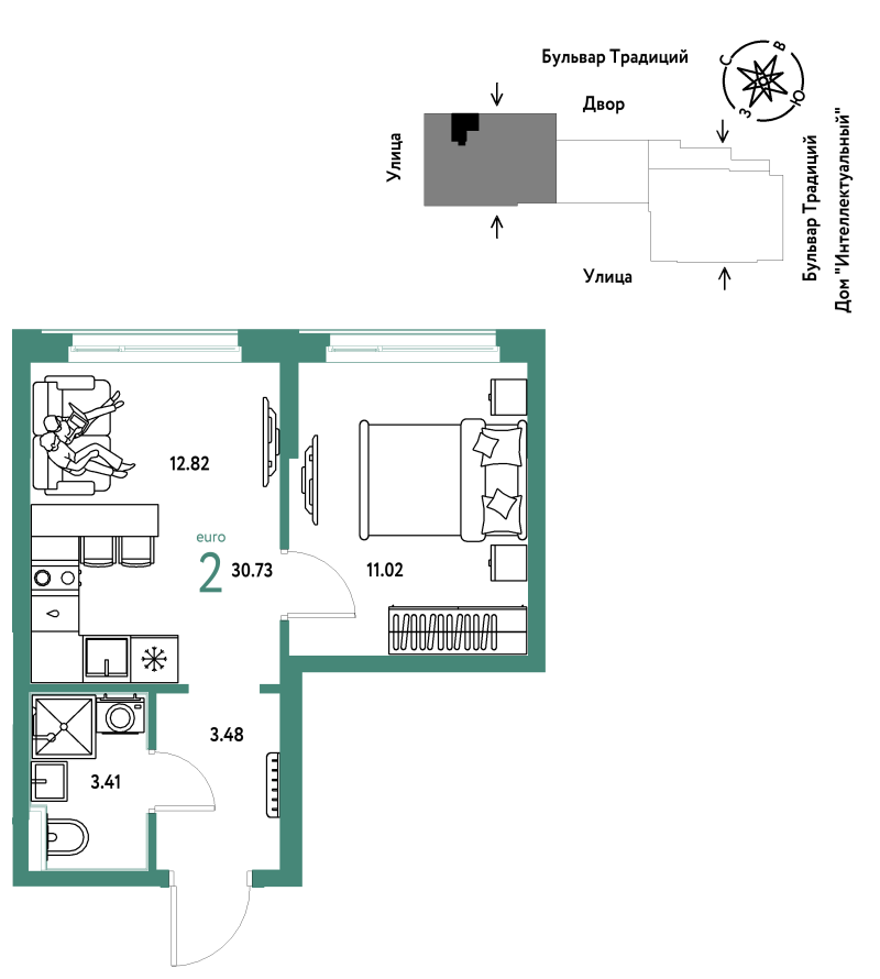 Планировка 2-комн. квартира, 30.7 м² — ЖК «Домашний»
