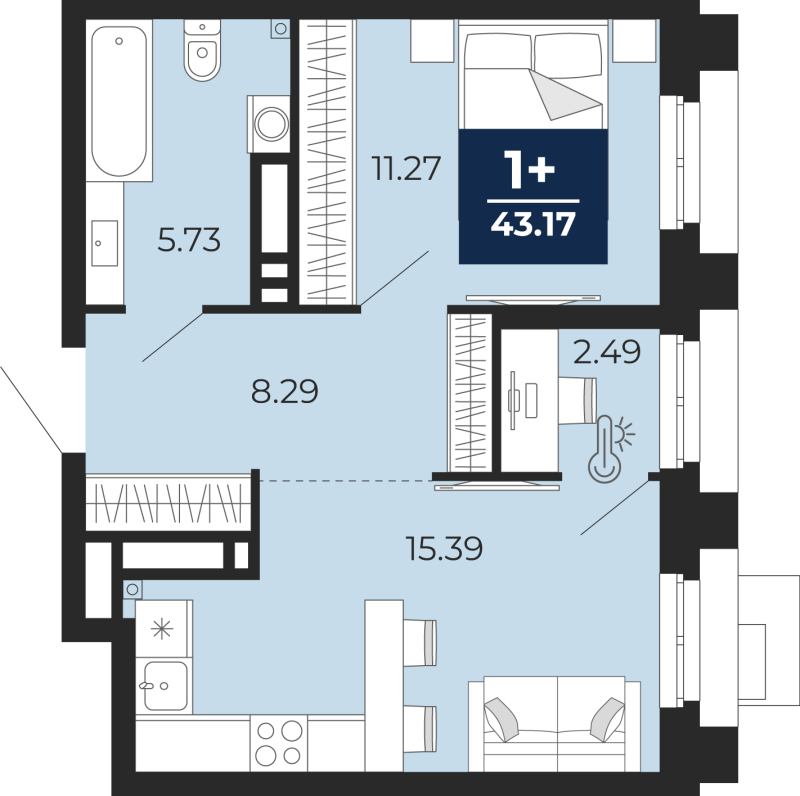 Планировка 1-комн. квартира, 43.2 м² — ЖК «Айвазовский»