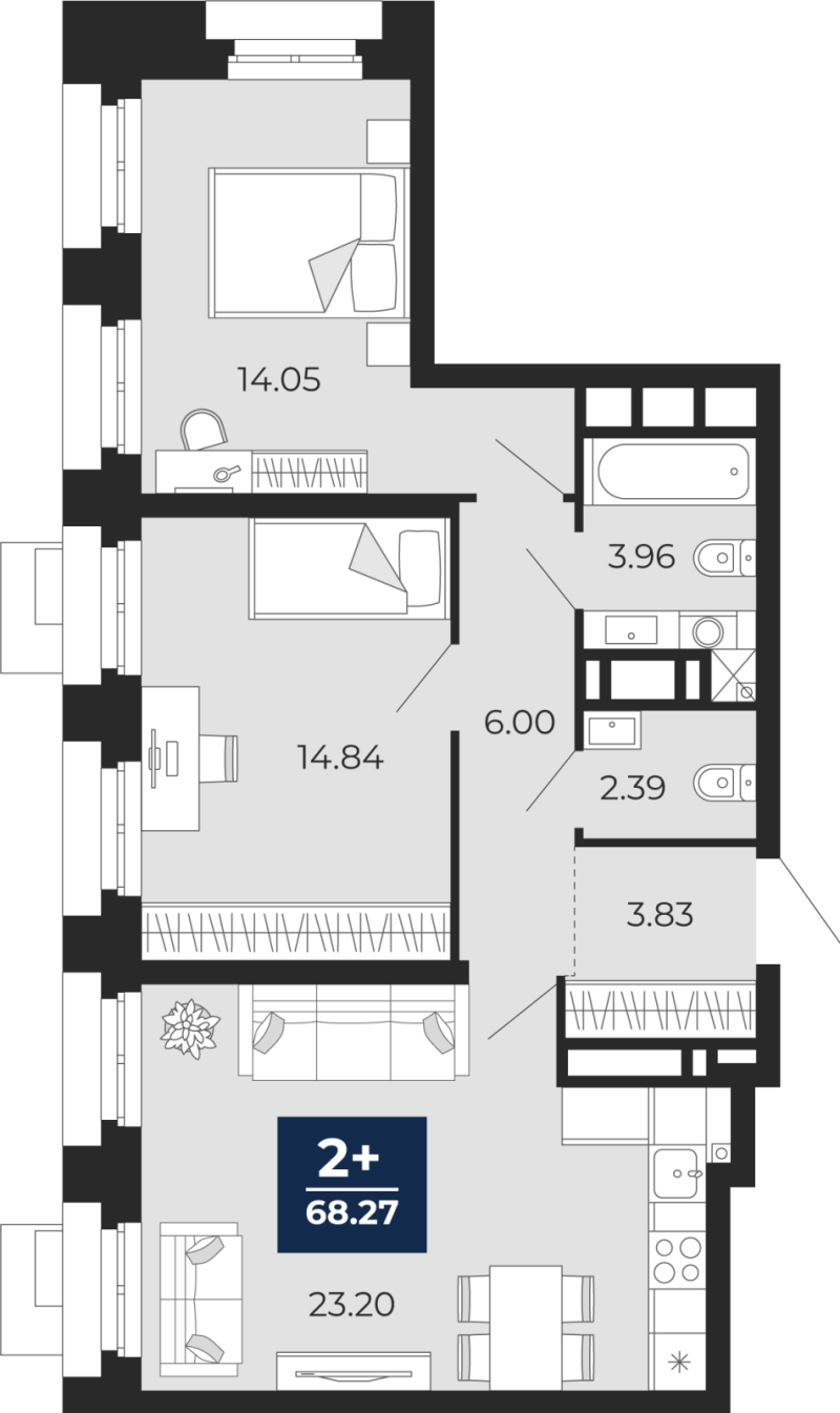 Планировка 2-комн. квартира, 68.3 м² — ЖК «Айвазовский»