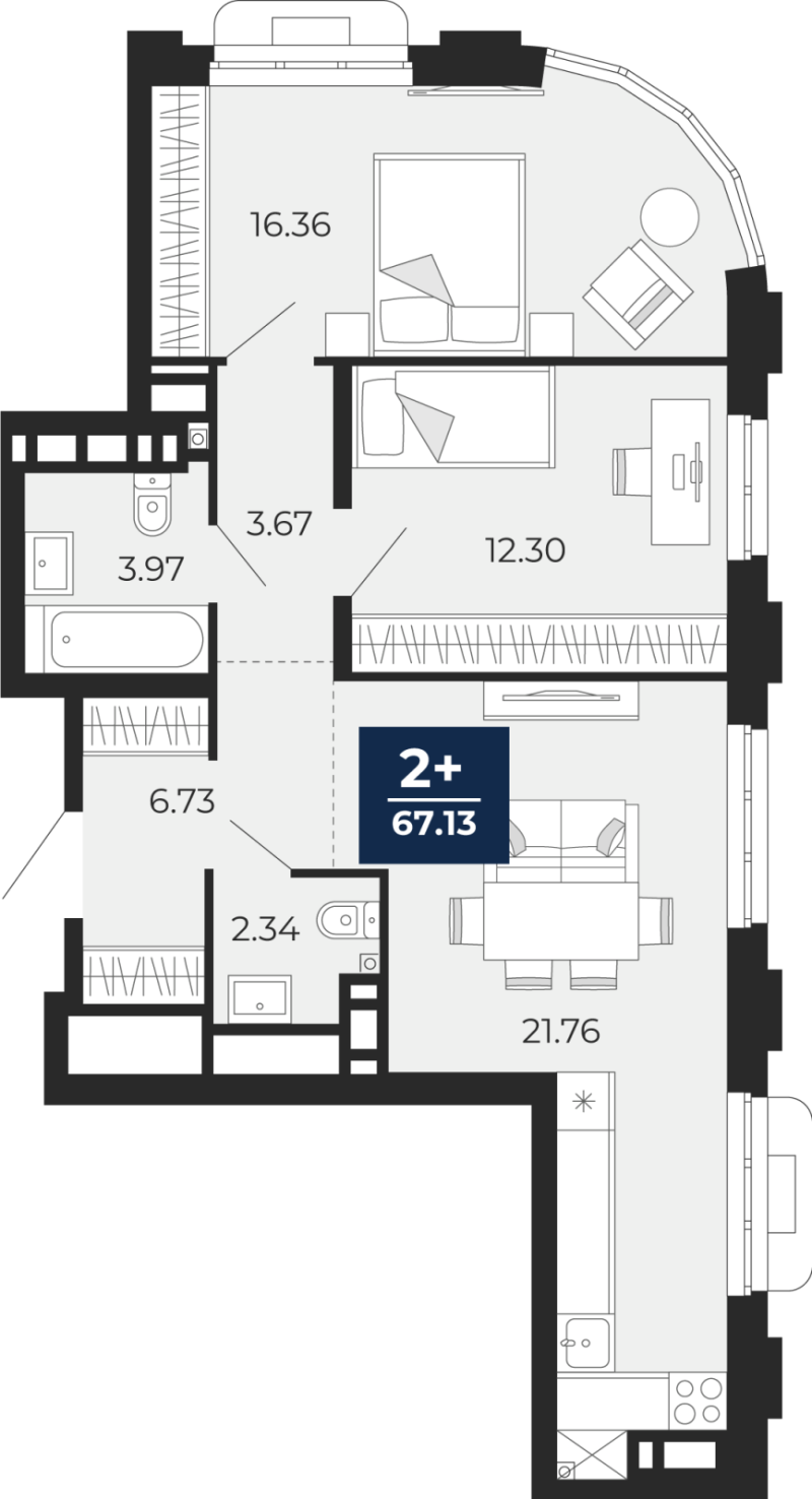 Планировка 2-комн. квартира, 67.1 м² — ЖК «Айвазовский»