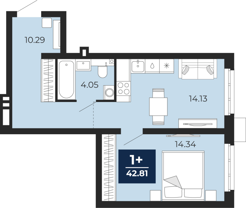 Планировка 1-комн. квартира, 42.8 м² — ЖК «Прео»