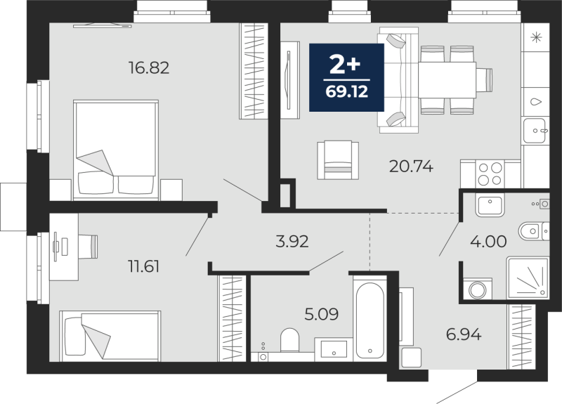 Планировка 2-комн. квартира, 69.1 м² — ЖК «Прео»