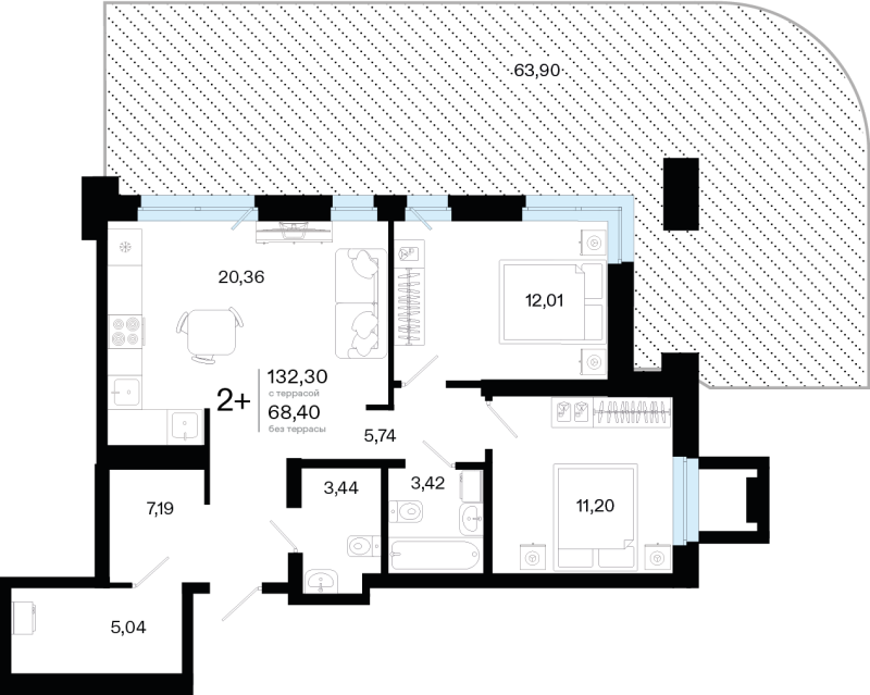 Планировка 2-комн. квартира, 68.4 м² — ЖК «Кедровый берег»