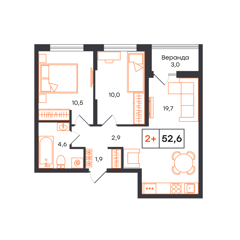 Планировка 2-комн. квартира, 52.6 м² — ЖК «Чемпионский»