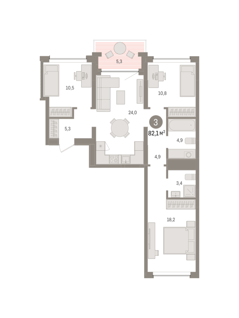 Планировка 3-комн. квартира, 82.1 м² — ЖК «Дом у озера»