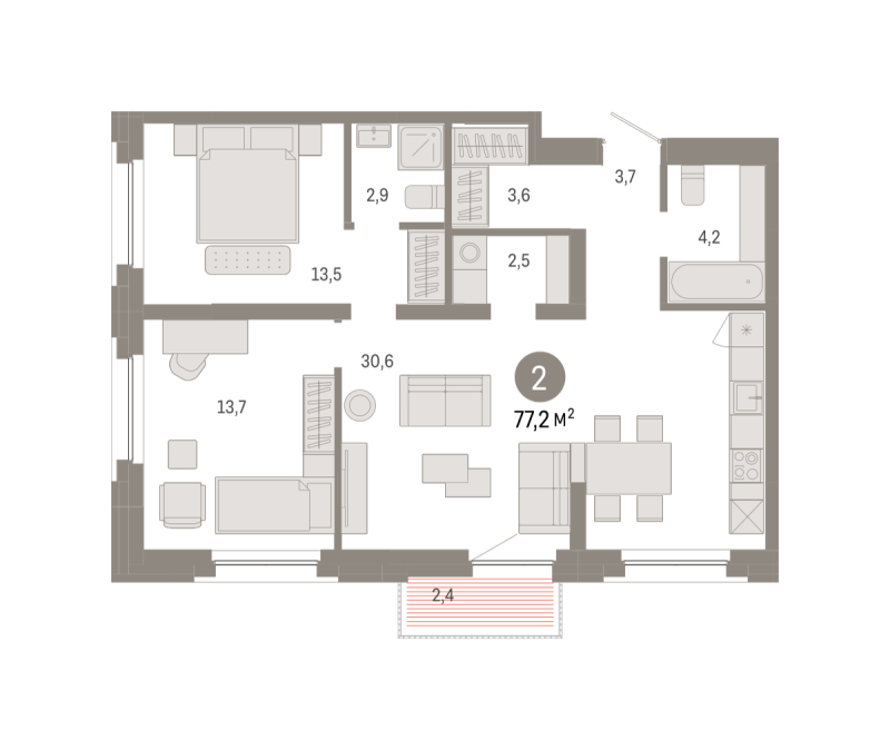 Планировка 2-комн. квартира, 77.2 м² — ЖК «Зарека»