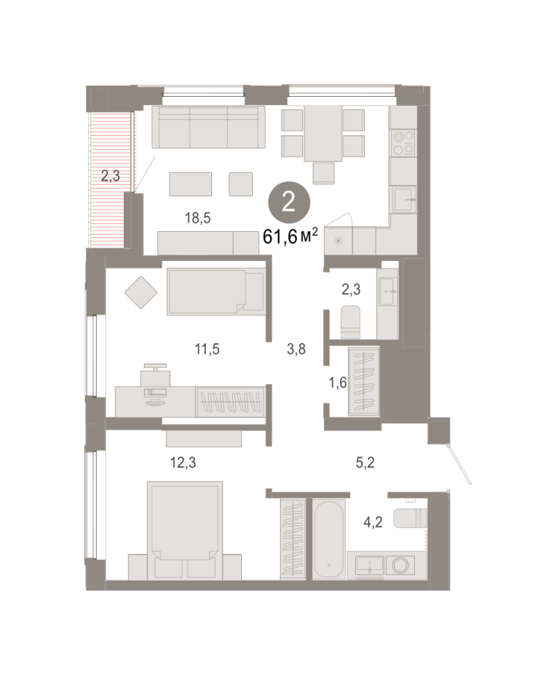 Планировка 2-комн. квартира, 61.6 м² — ЖК «Октябрьский на Туре»