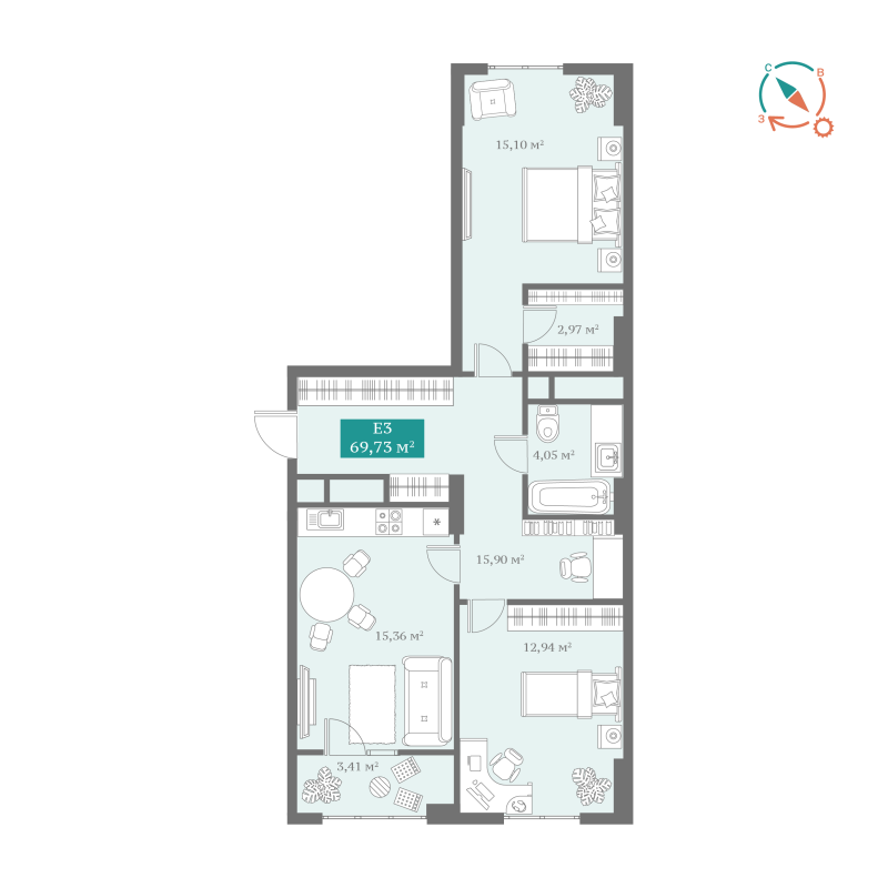 Планировка 3-комн. квартира, 69.9 м² — ЖК «ДомОтель»