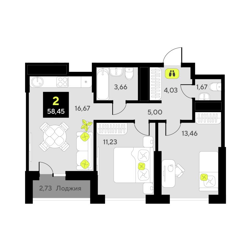 Планировка 2-комн. квартира, 58.5 м² — ЖК «Окинава»