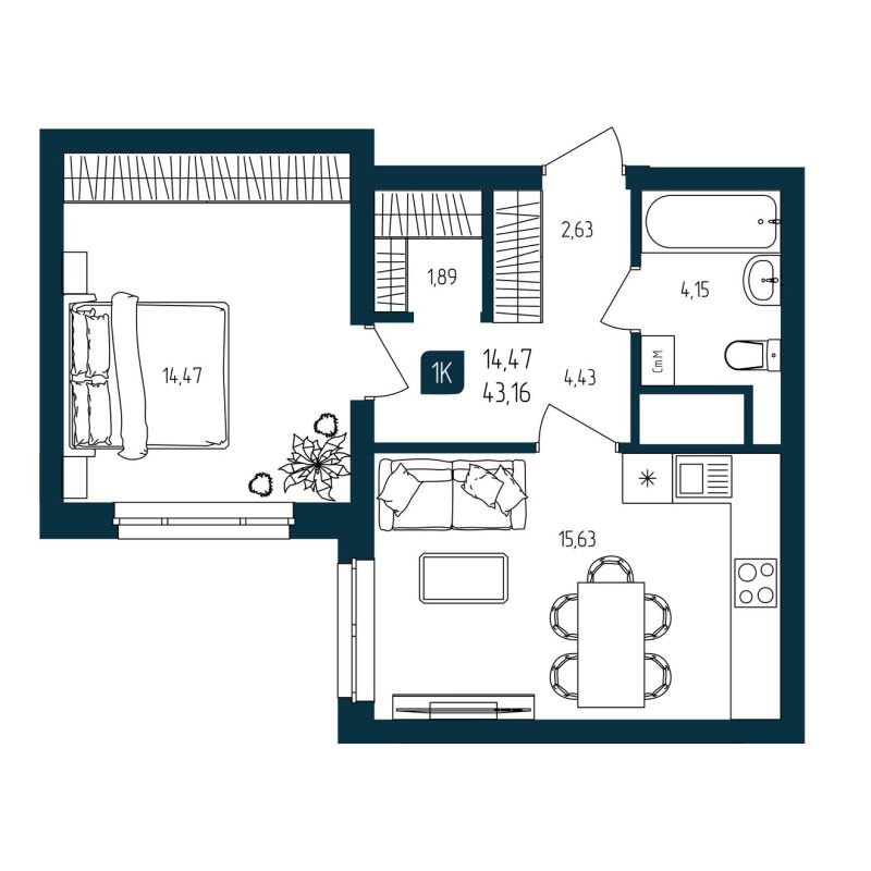 Планировка 1-комн. квартира, 43.2 м² — ЖК «Квартал Мятный»