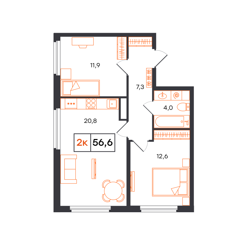 Планировка 2-комн. квартира, 56.6 м² — ЖК «Отличие»