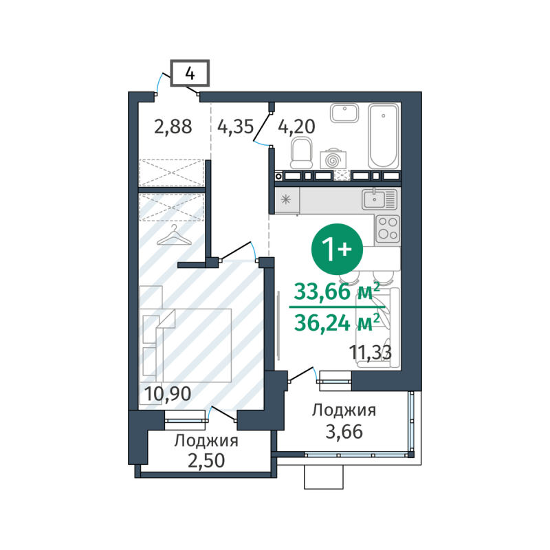 Планировка 1-комн. квартира, 33.4 м² — ЖК «Гринвуд»