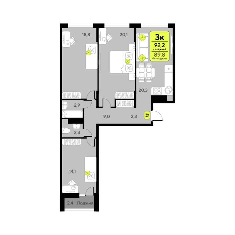 Планировка 3-комн. квартира, 89.8 м² — ЖК «Дивный квартал у озера»