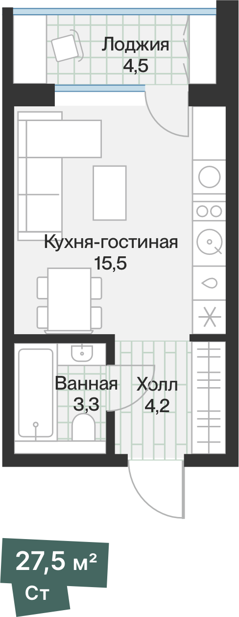Планировка Студия, 23.1 м² — ЖК «Эклипт»