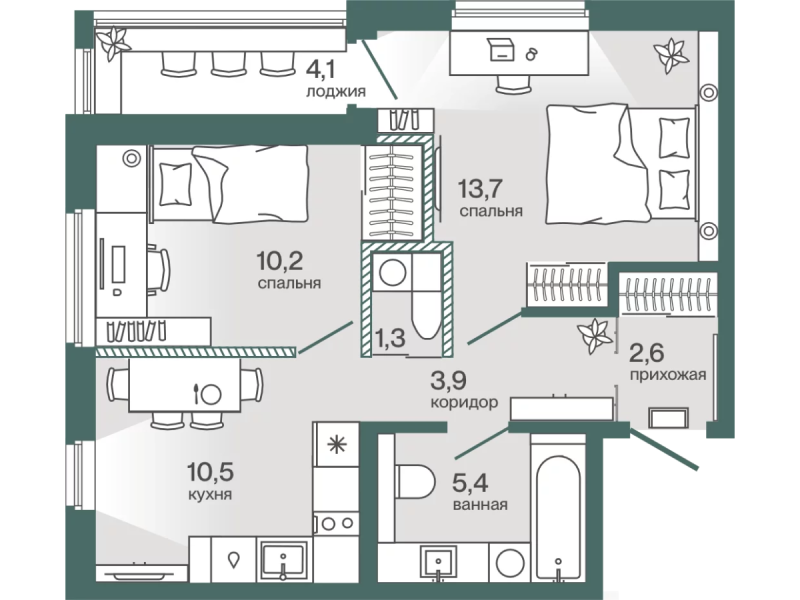 Планировка 2-комн. квартира, 49.7 м² — ЖК «Эклипт»