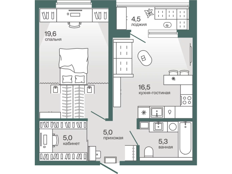 Планировка 1-комн. квартира, 53.6 м² — ЖК «Эклипт»
