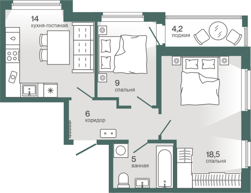 Планировка 2-комн. квартира, 54.6 м² — ЖК «Эклипт»