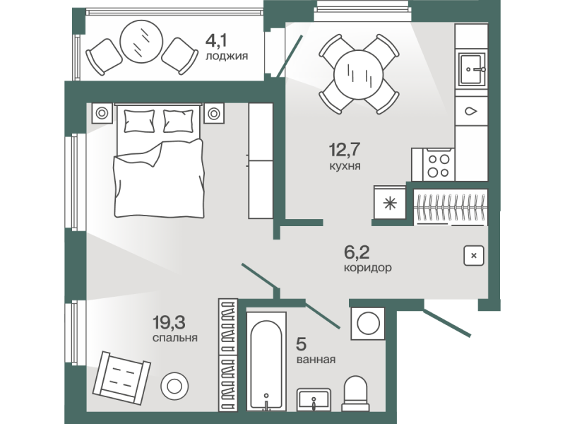 Планировка 1-комн. квартира, 45.3 м² — ЖК «Эклипт»