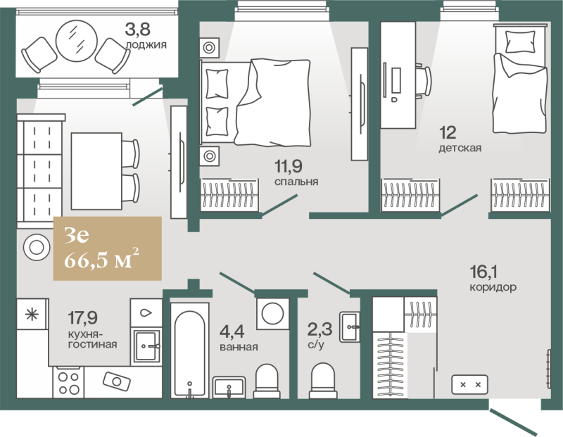 Планировка 2-комн. квартира, 66.5 м² — ЖК «Эклипт»